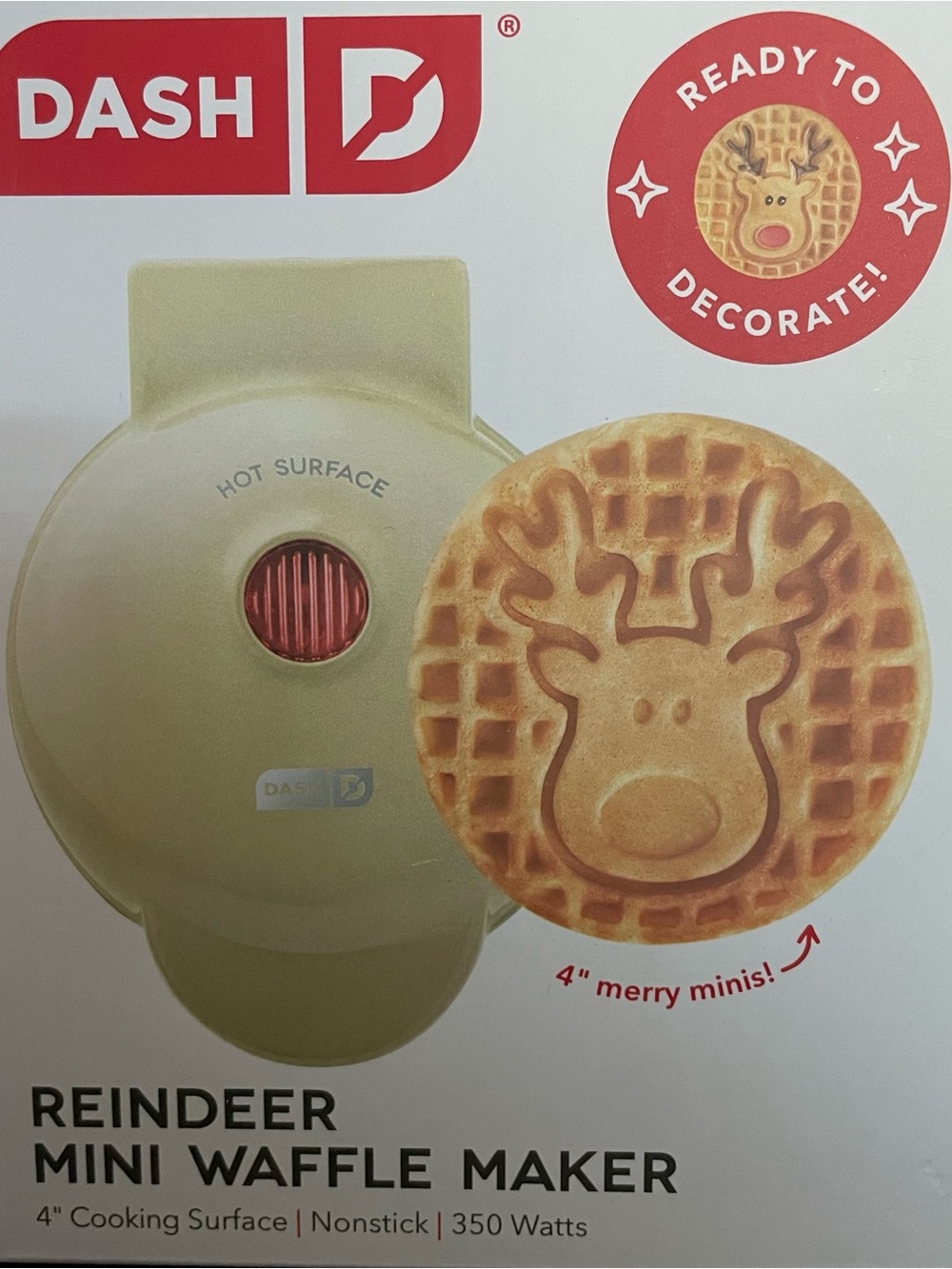 Dash Green Mini Reindeer Waffle Maker with Red Indicator